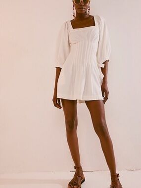 Free People Cerise Mini Dress Ivory Puff Sleeve Corset Small EUC